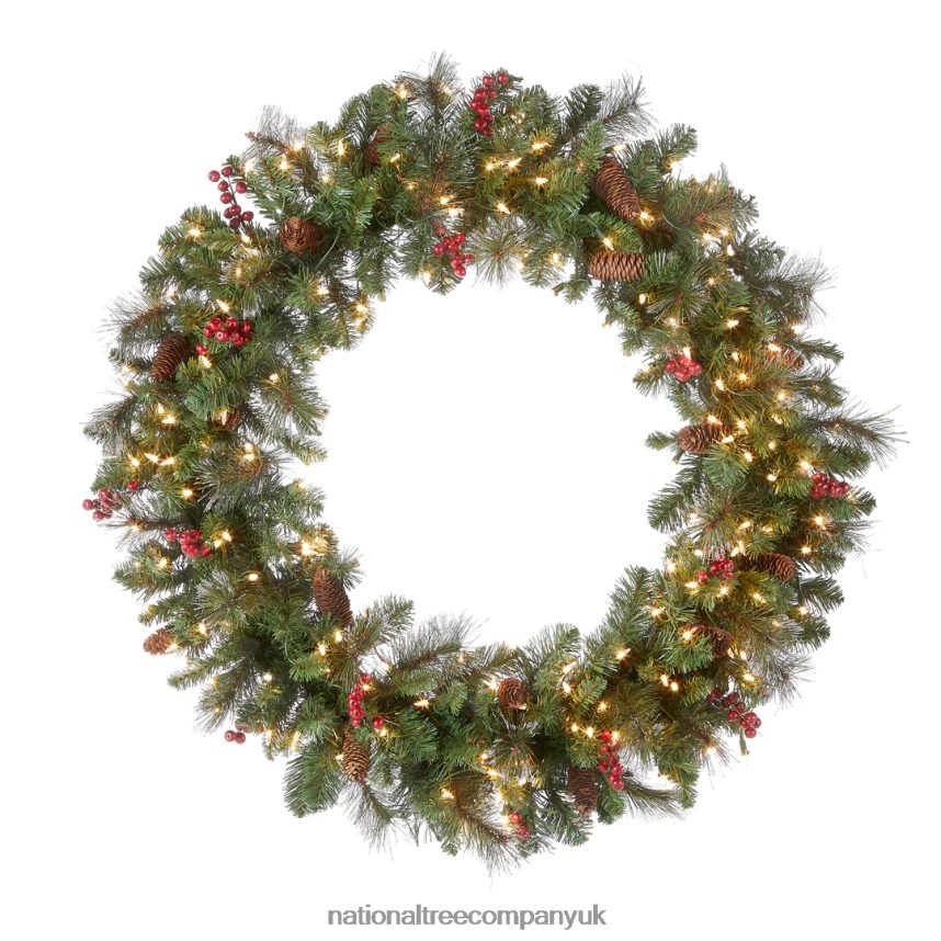 Greenery | National Tree Company Pre-Lit Artificial Christmas Wreath Green Crestwood Spruce White Lights Decorated with Pine Cones Berry Clusters Frosted Branches Christmas Collection 36 Inche